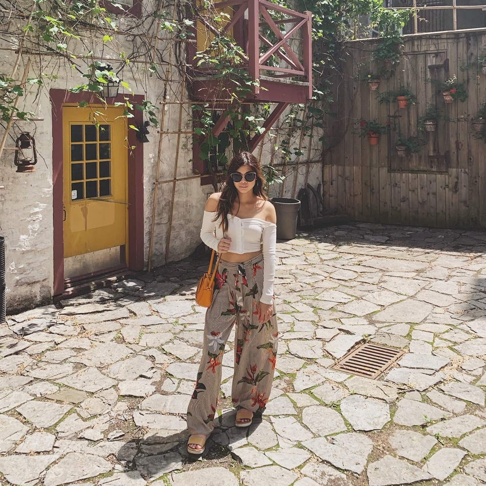 Striped floral flow pants